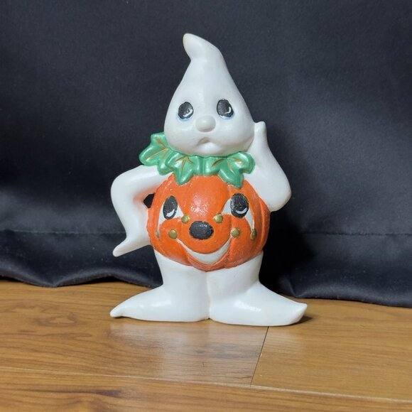 Vintage Ceramic Painted Ghost Pumpkin Jack O Lantern Kitsch Figurine Halloween - Picture 11 of 12